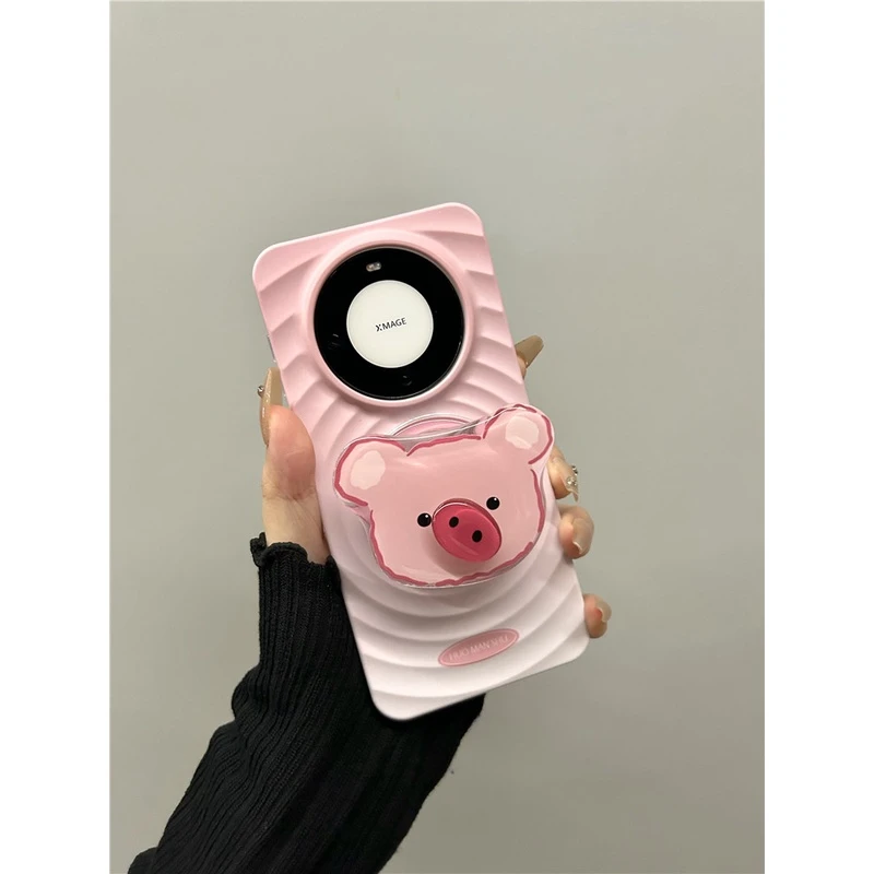 适用华为mate60pro+手机壳卡通粉色小猪旋转磁吸支架少女心波漾壳