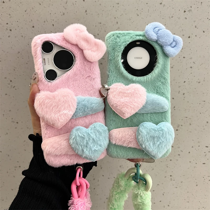 适用华为mate60pro+手机壳毛绒立体爱心蝴蝶结pura70pro+挂绳女款