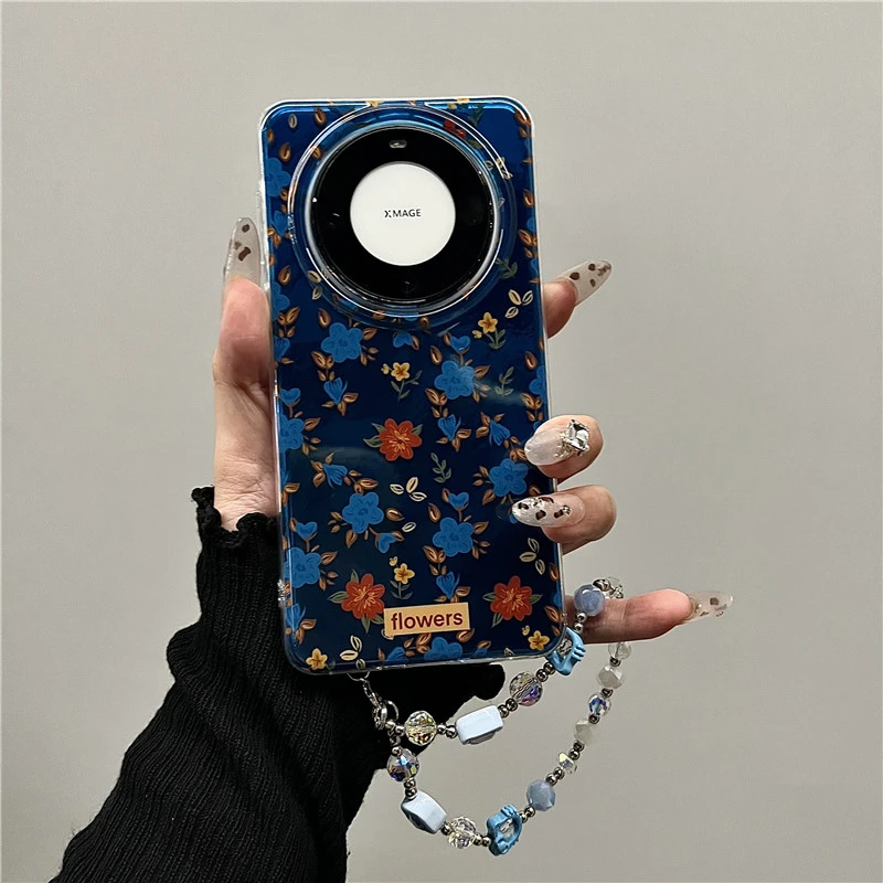 适用华为mate60/50/40pro+手机壳pura70pro+克莱因蓝油画小碎花女