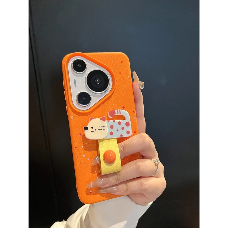 适用华为mate60pro+手机壳pura70pro+泼墨可爱小动物皮指环扣男女