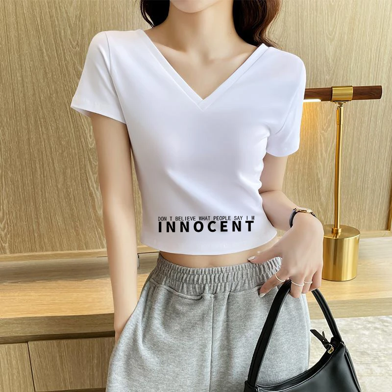 优质棉白色v领短袖t恤女新款春夏正肩休闲打底衫内搭洋气上衣潮流