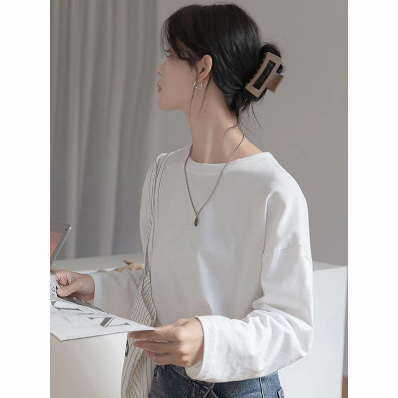 100%纯棉2024秋季新款圆领白色t恤长袖打底衫外穿百搭ins女士上衣