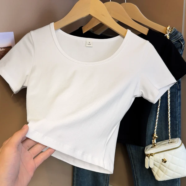 白色正肩95棉短袖t恤女2024夏季新款圆领小衫修身短款上衣服潮流