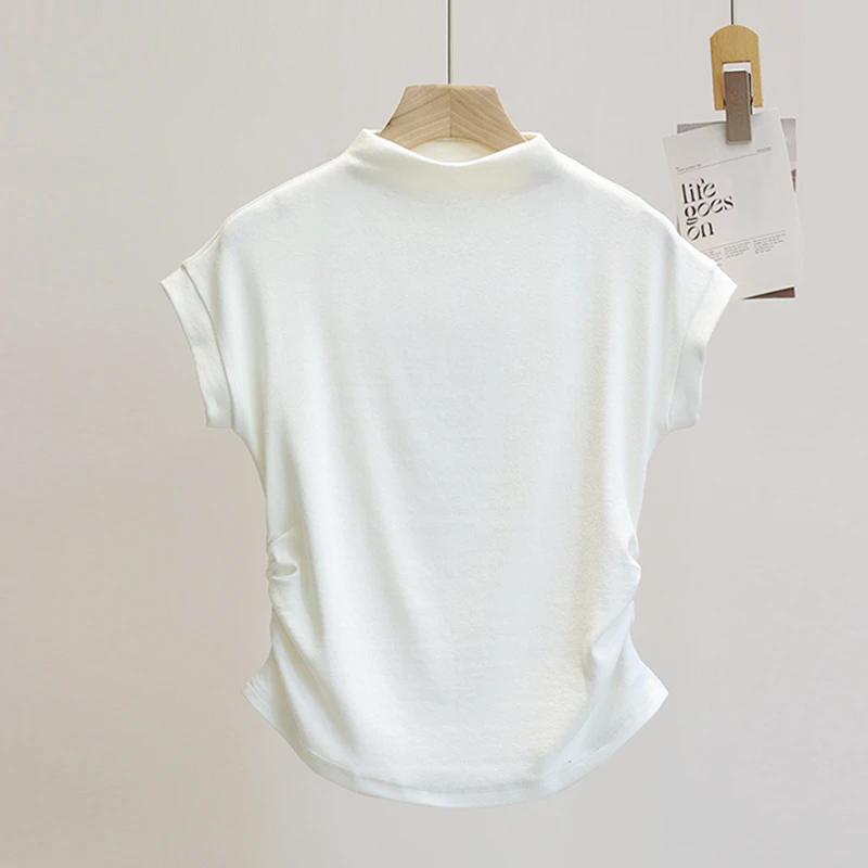 诱惑妳半高领打底衫女春秋新款飞袖弹力修身褶皱收腰正肩t恤上衣