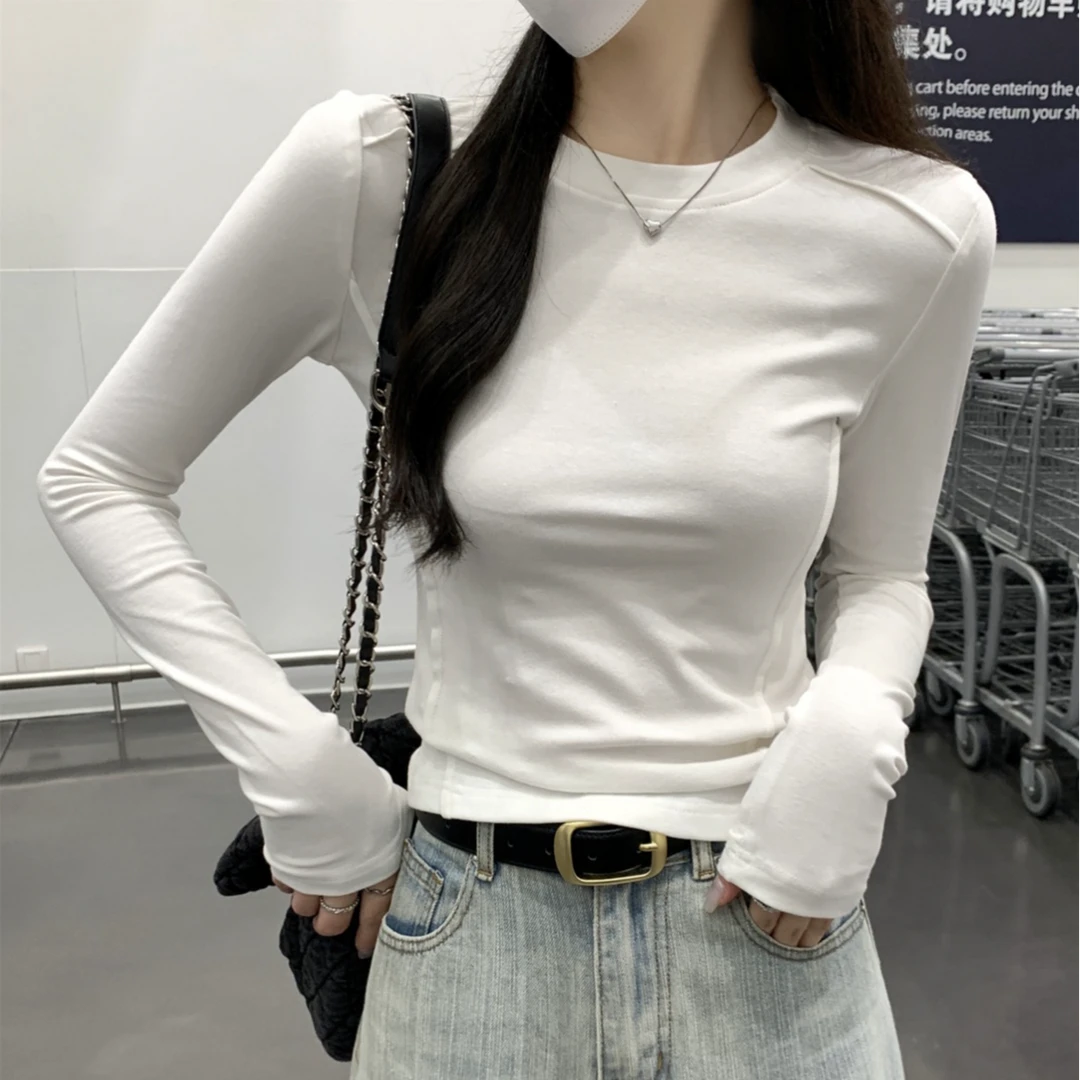 白色圆领德绒鱼骨长袖t恤女秋冬修身打底衫内搭显瘦保暖加厚上衣