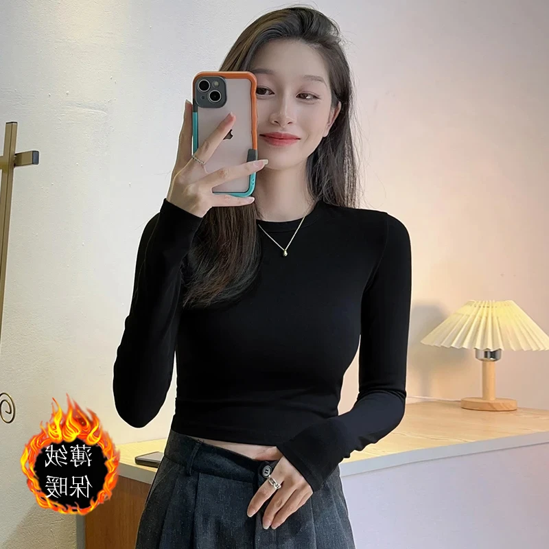 长袖t恤女2024春秋新款修身显瘦短款内搭打底衫高腰露肚脐上衣潮