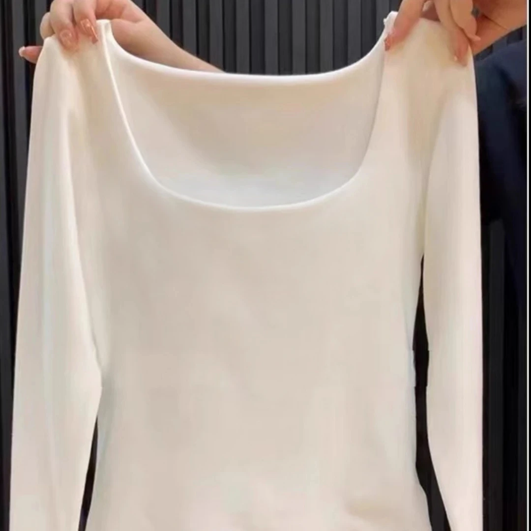 纯欲方领露锁骨紧身长袖t恤女打底衫春季设计感收腰减龄显瘦上衣