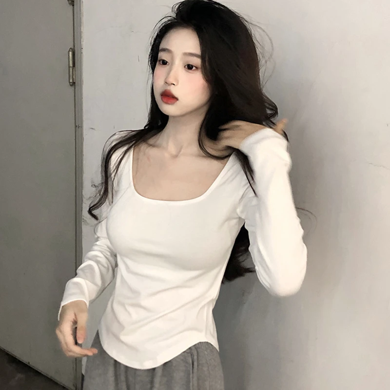 方领上衣女白色打底衫内搭2024新款秋冬正肩t恤低领收腰显瘦长袖