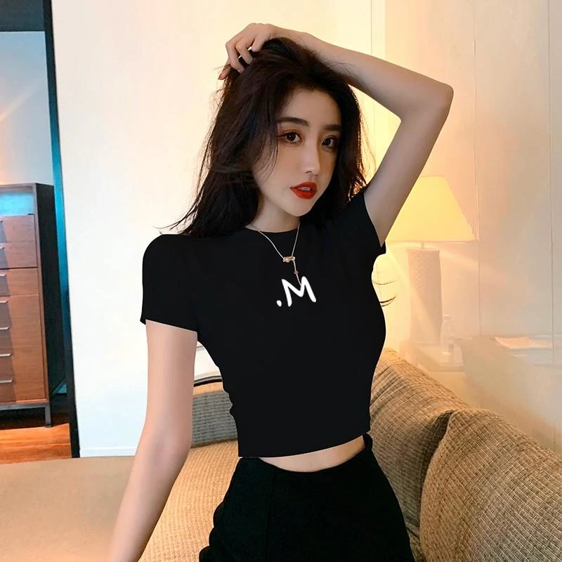黑色短袖t恤女短款高腰露脐夏季新款半高领修身印花性感品质上衣