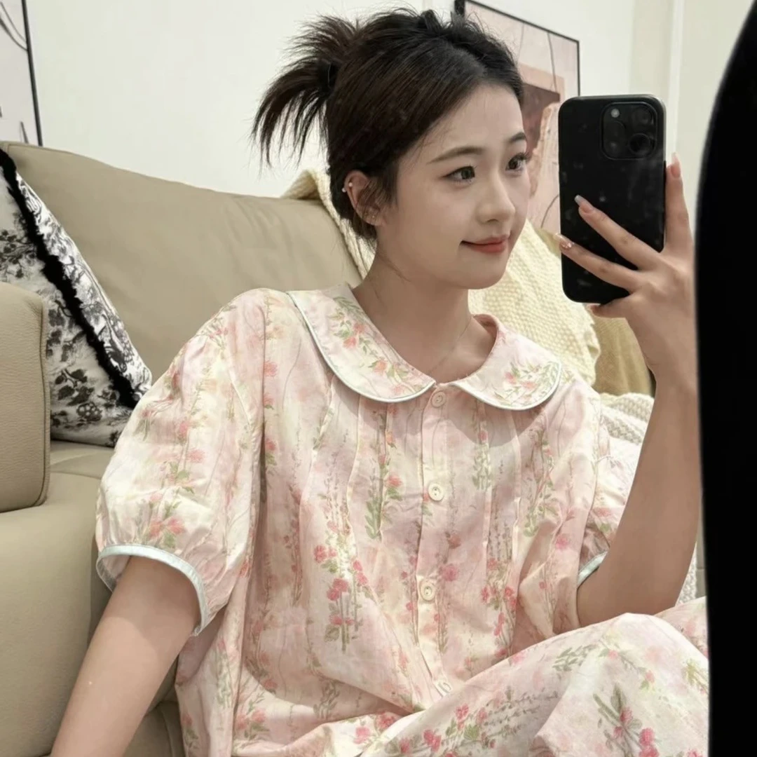 【仲夏甜茶】新款棉睡衣女宽松甜美家居服短袖套装可外穿七夕礼物