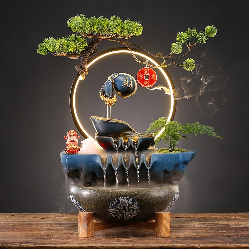 创意水车造景陶瓷流水招财鱼缸摆件循环水泵家居客厅装饰开业礼品