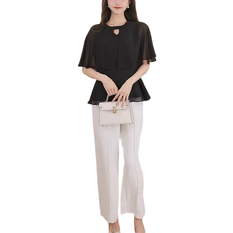 法式黑色镂空收腰上衣女显瘦高级感气质小众时尚短袖衬衫衬衣