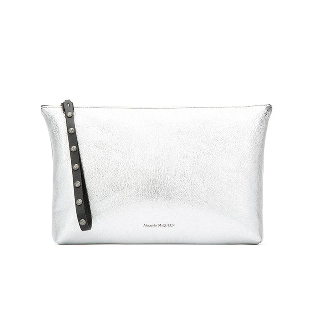 ALEXANDER MCQUEEN 男女同款银色牛皮革logo印花手拿包 550813