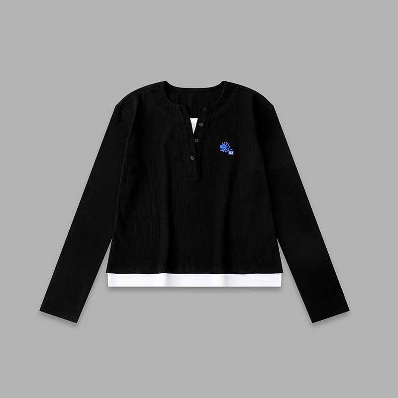 1105 女装新品假两件绣标纽扣长袖时尚女生百搭显瘦修身打底衫T恤