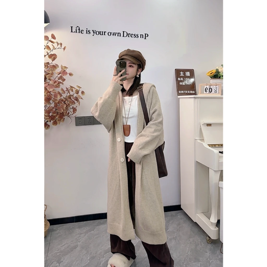 【正版原版】秋季慵懒风中长款连帽针织大衣巫师帽毛衣外套