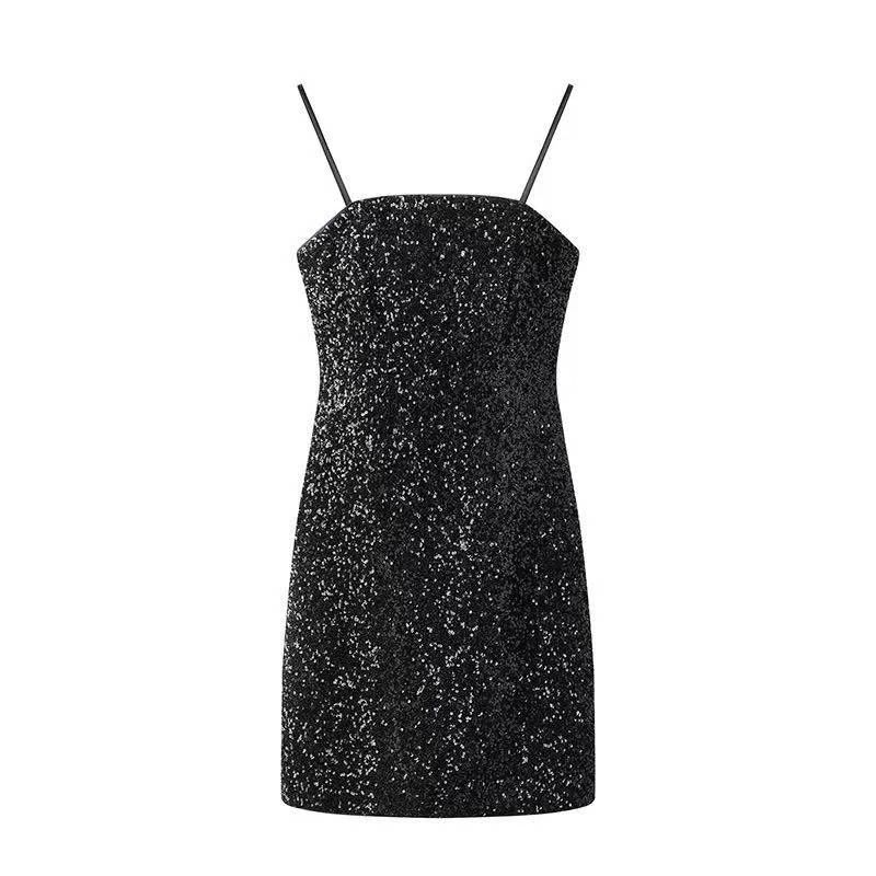 2024冬季新款亮片吊带连衣裙包臀礼服裙打底裙9077