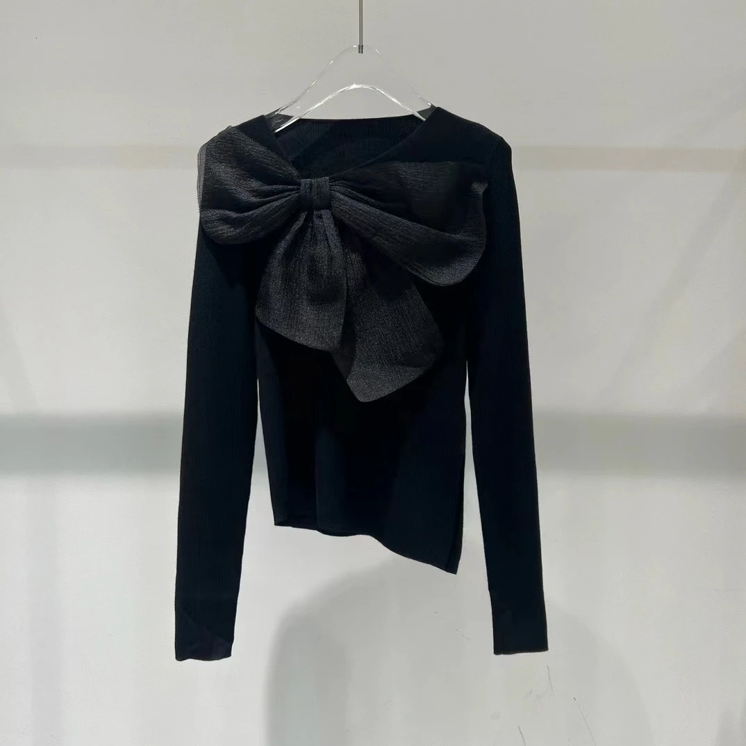 2024女装秋冬精致蝴蝶优雅黑色羊毛针织衫8090