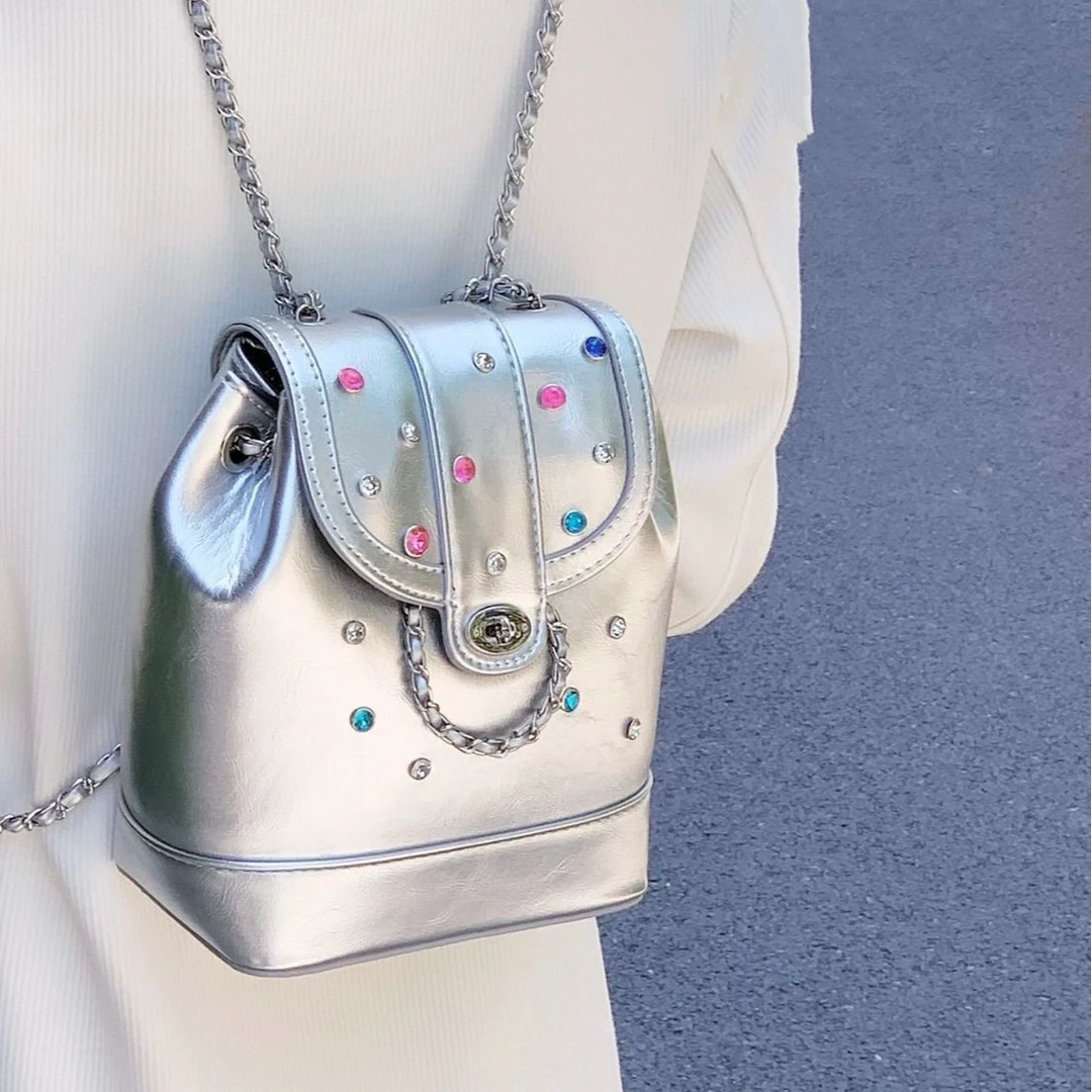 韩国小众设计百搭链条双肩包小香风水桶包女高级质感油蜡皮小背包