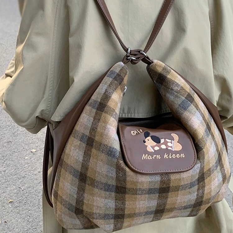 腊肠狗双肩包包女式2025新款潮韩国学院格子托特包百搭大容量包