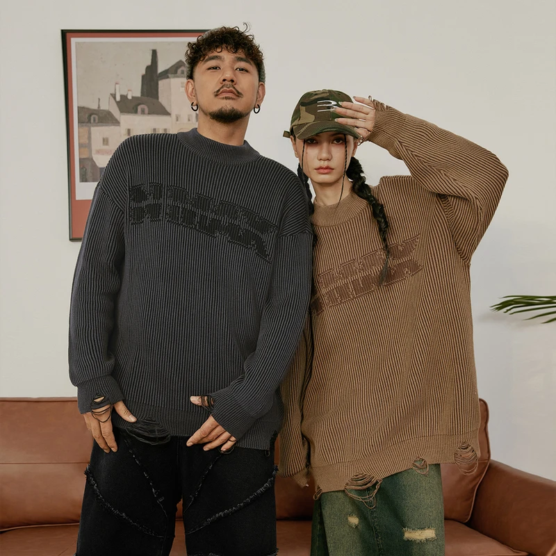 NMAX大码潮牌男装复古坑条破洞套头毛衣高质感慵懒风针织衫DNE015