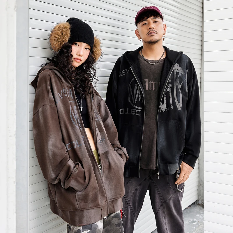 NMAX大码潮牌男装24年秋重磅开衫卫衣蜡染印花宽松外套ENW033