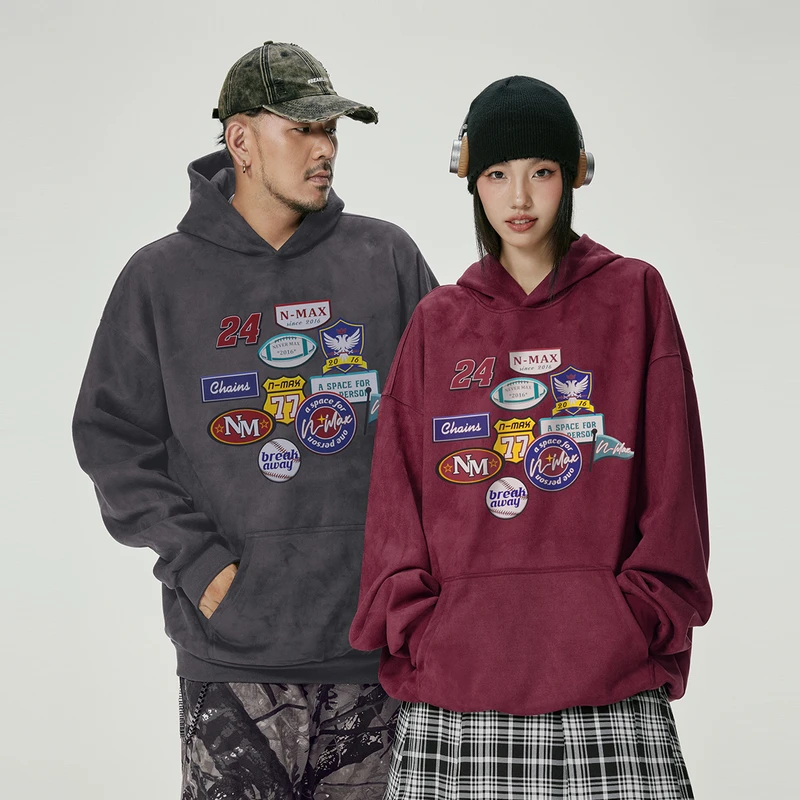 NMAX大码潮牌男装24年秋冬新品美式潮流标签印花帽衫卫衣ENA088
