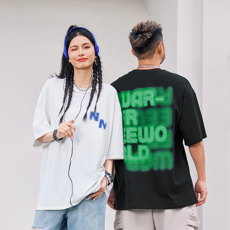 大码男装短袖t恤新款半截袖美式复古重磅圆领潮牌百搭半袖DNT099