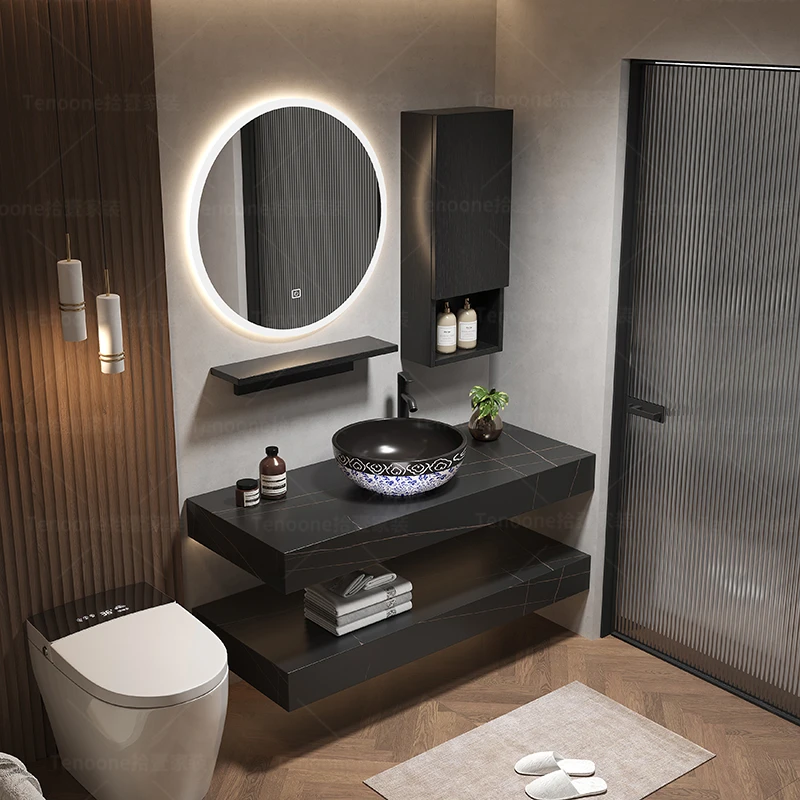 岩板台上艺术盆浴室柜轻奢简约智能圆镜子卫生间洗漱洗脸盆柜组合