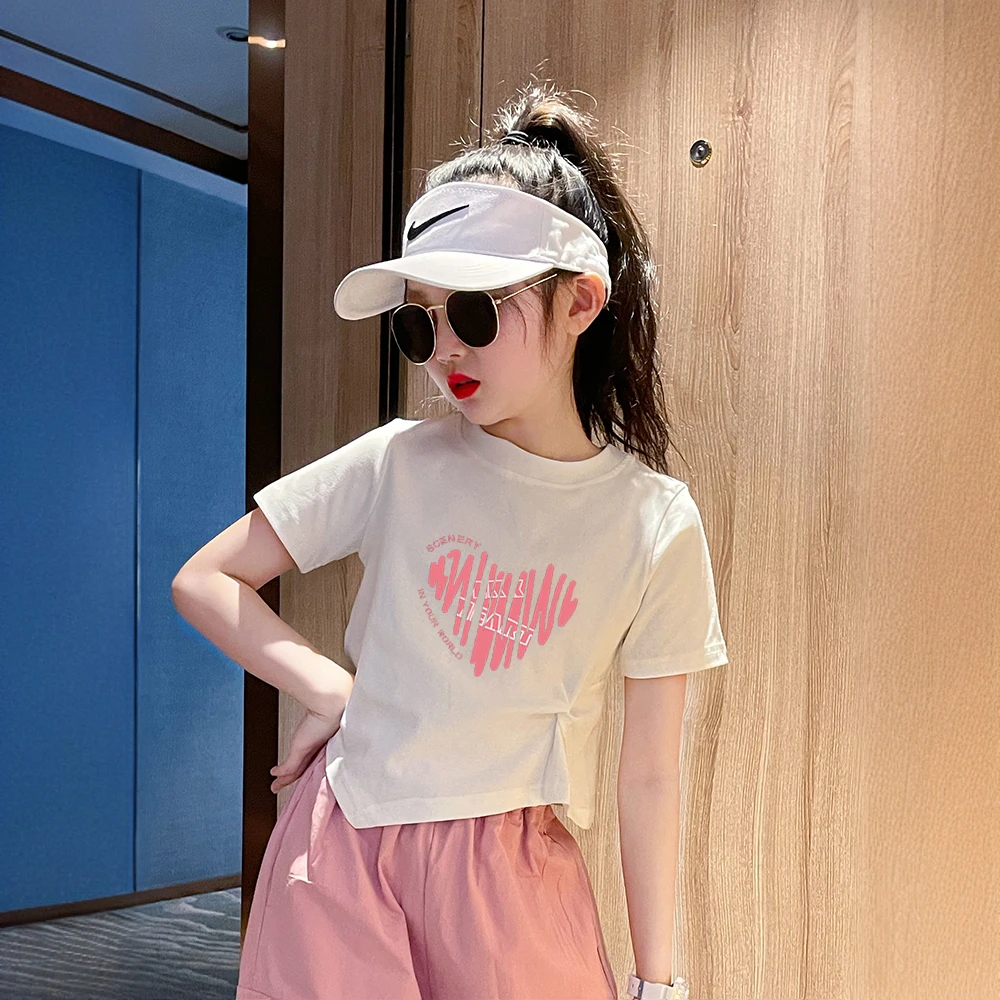 女童夏装短袖T恤儿童女孩新款不规则短款纯棉半袖上衣中大童童装