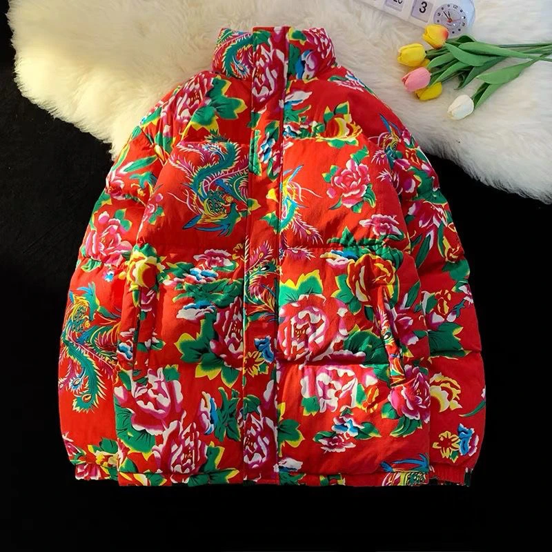 中国风东北大花袄拉链冬季外套情侣大码棉衣国潮牡丹花网红棉服