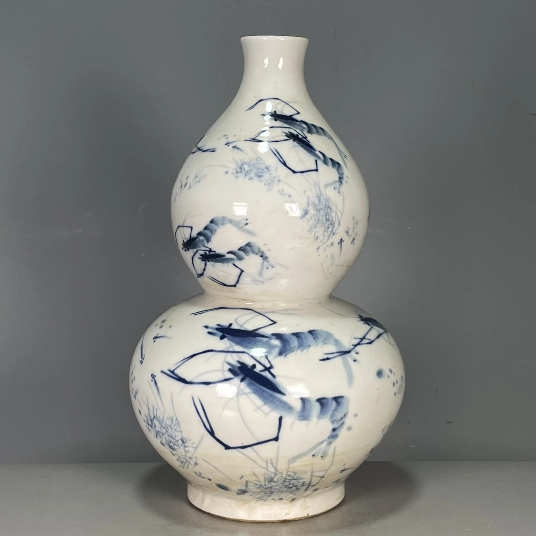 景德镇陶瓷青花虾趣纹葫芦瓶花瓶手工中式仿古家居客厅装饰摆件