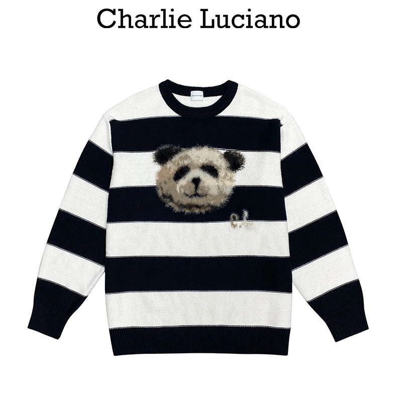 Charlie Luciano潮牌毛衣男2024新款男女同款条纹熊猫毛衫男女*