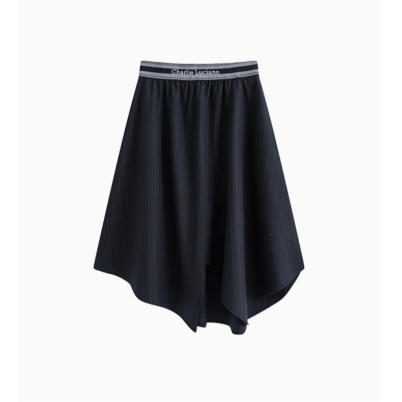 Charlie Luciano标识橡筋腰头长裙高腰宽松显瘦百搭不规则半身裙