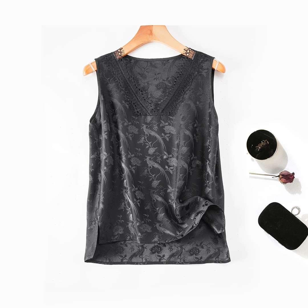 51%桑蚕丝真丝无袖女背心打底吊带透气提花缎雅丹女装吊带宽松v领
