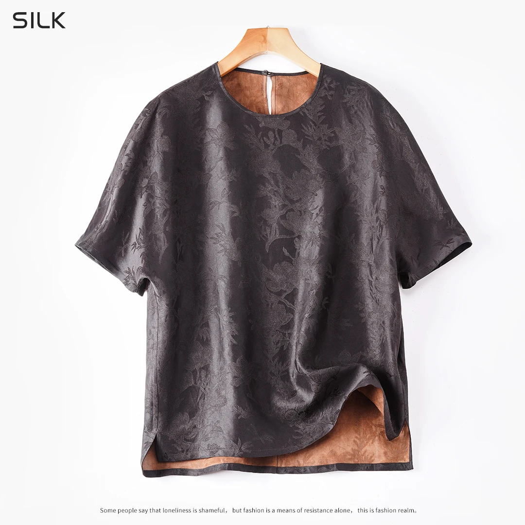 双面双穿100%桑蚕丝中式香云纱原色短袖高端女装宽松女士上衣