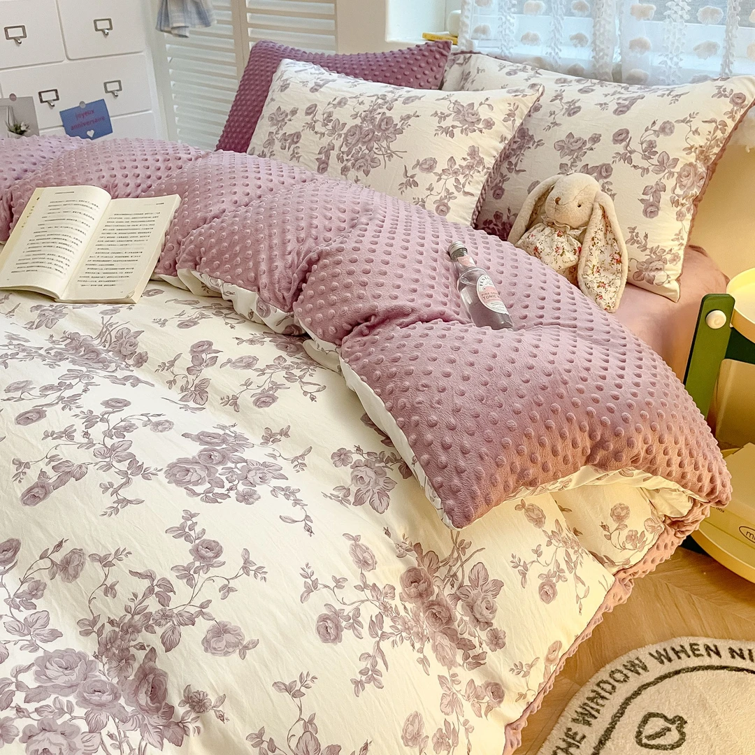 3D立体按摩安抚豆豆牛奶绒拼水洗棉四件套2