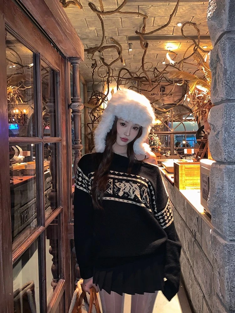 不冷BULENG 24秋冬黑色露肩宽松复古费尔岛毛衣百褶裙时尚慵懒风