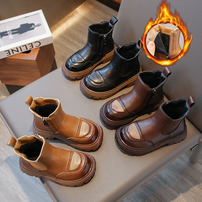 儿童英伦风烟筒靴女童单靴2023秋冬新款中大童二棉马丁靴男童皮靴