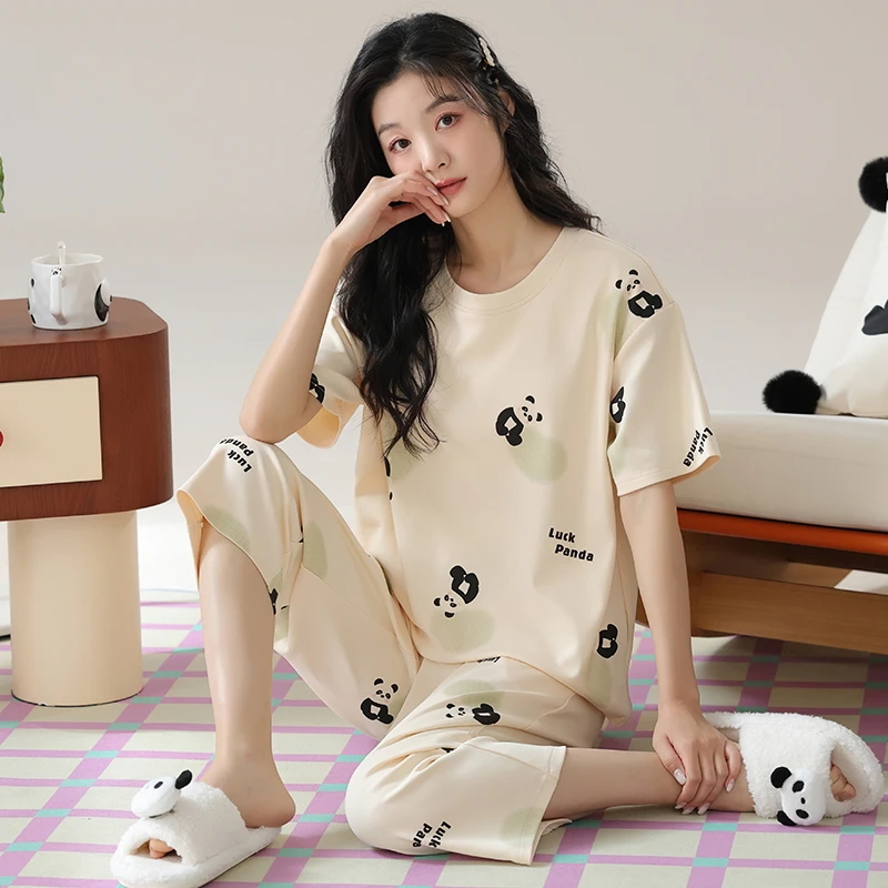 夏季睡衣女士棉质短袖七分裤圆领套头透气可外穿家居服套装72207