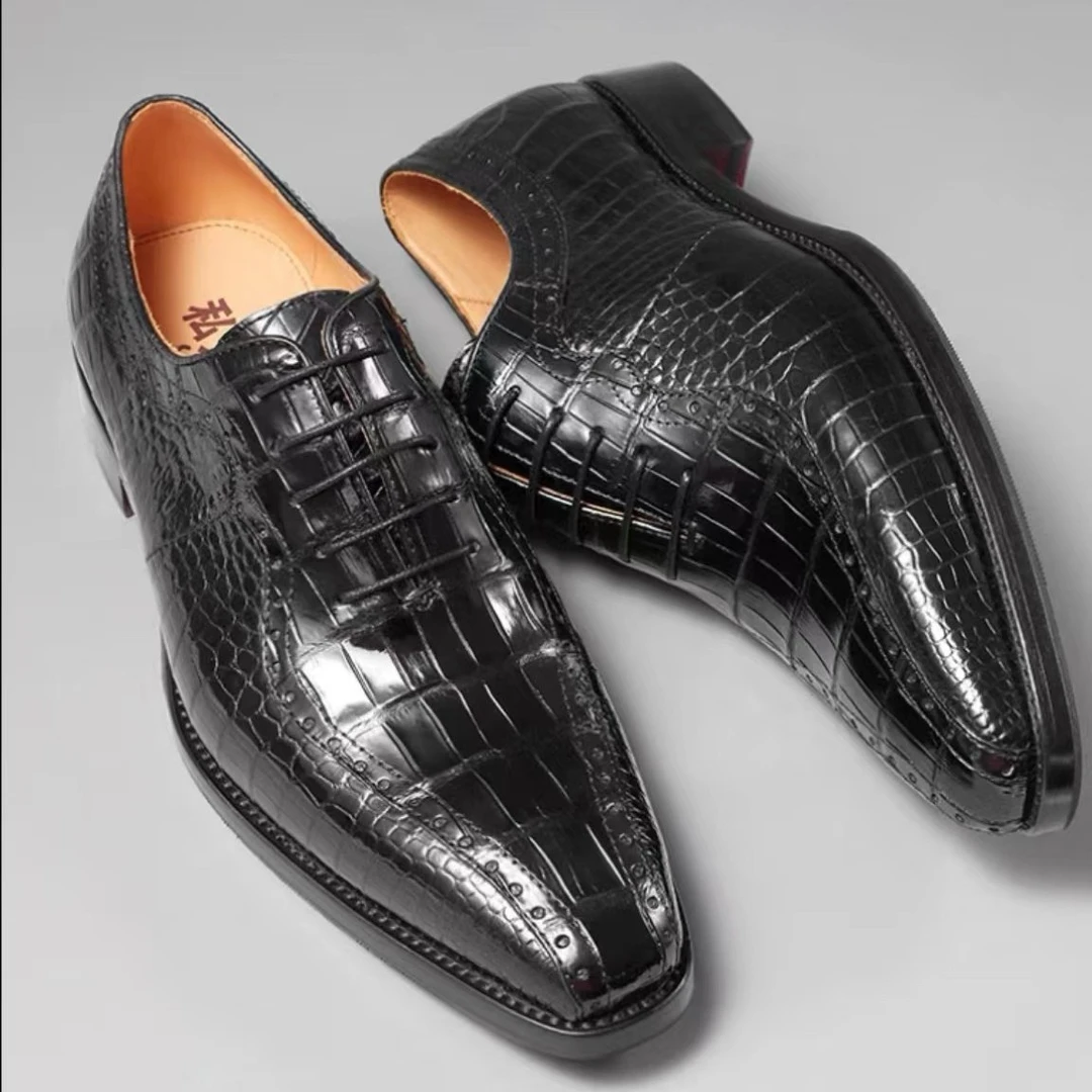 帝之咢进口鳄鱼皮男士商务鞋带跟鳄鱼腹部皮制作牛皮底尖头系带肚