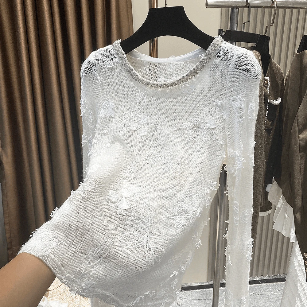 蕾丝上衣2024新款白色百搭镂空套头圆领气质时尚透明洋气打底