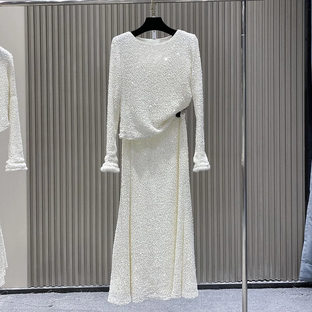 2024新款轻奢网红亮片白色上衣女时尚显瘦气质长袖百搭裙子一套