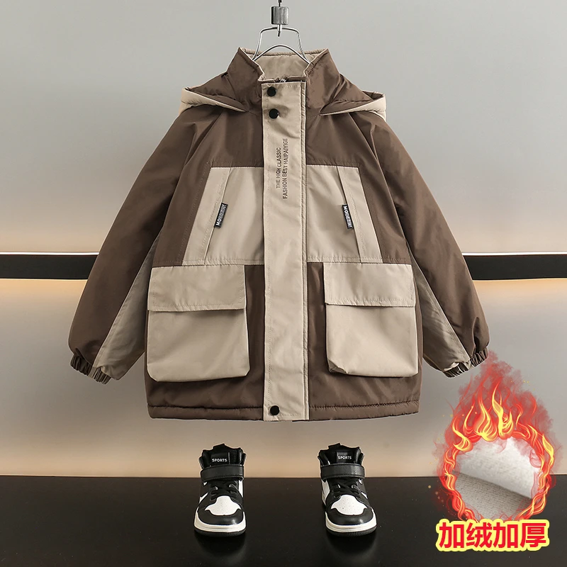 男童加绒棉衣外套中大童男孩秋冬加厚派克服儿童时尚风衣