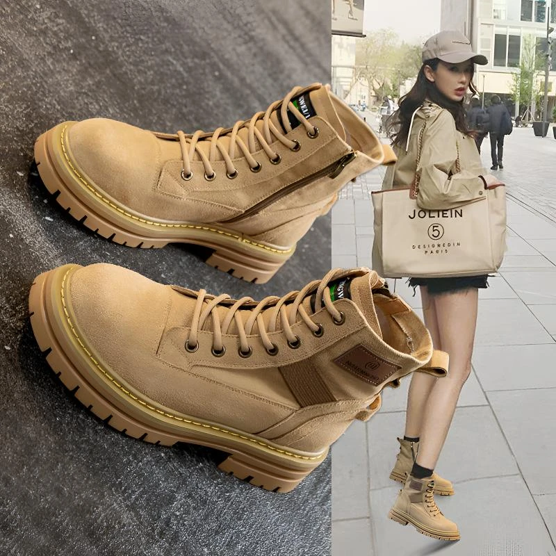 高帮登山鞋女百搭沙漠靴厚底露营爬山马丁美拉德靴牛反绒休闲春