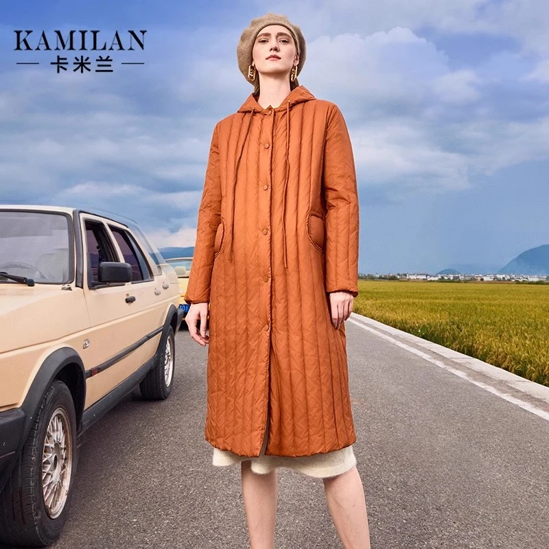 卡米兰白鹅绒羽绒服女2023冬季新款系扣中长款保暖鹅绒服外套连帽