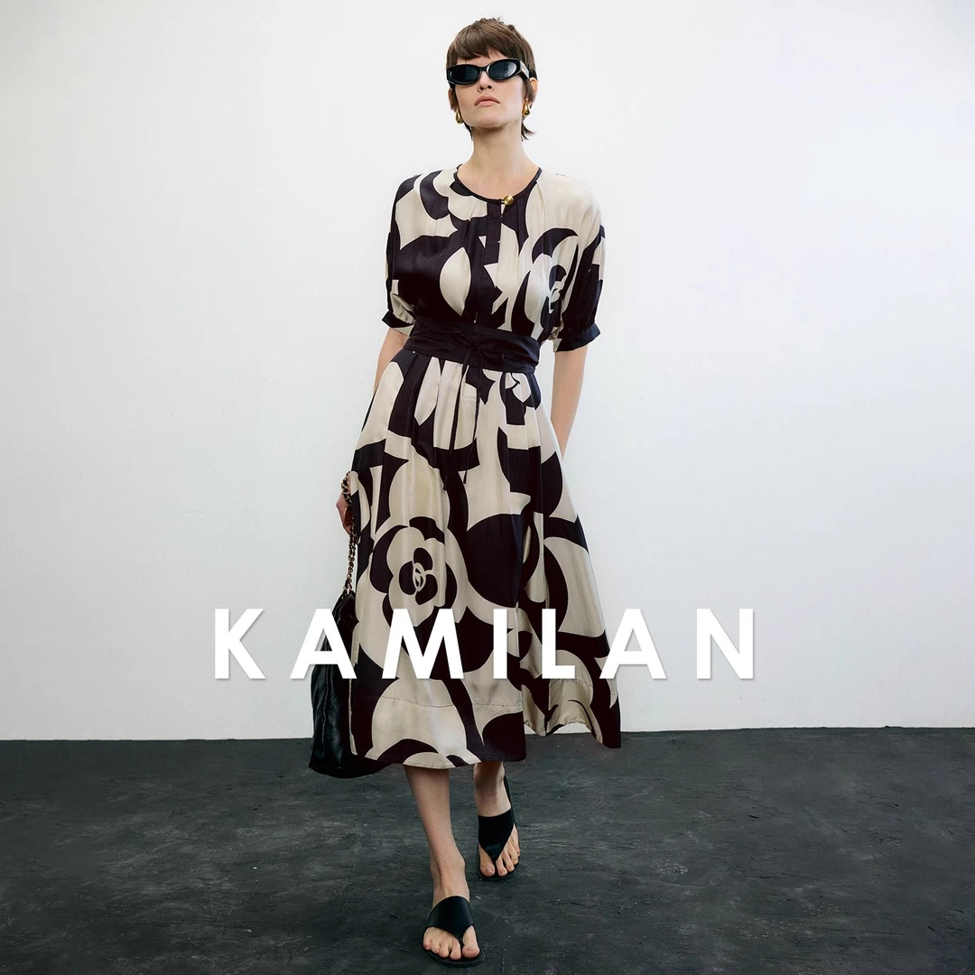 [100桑蚕丝]卡米兰真丝连衣裙女2024夏季新款印花高腰裙A字中长裙