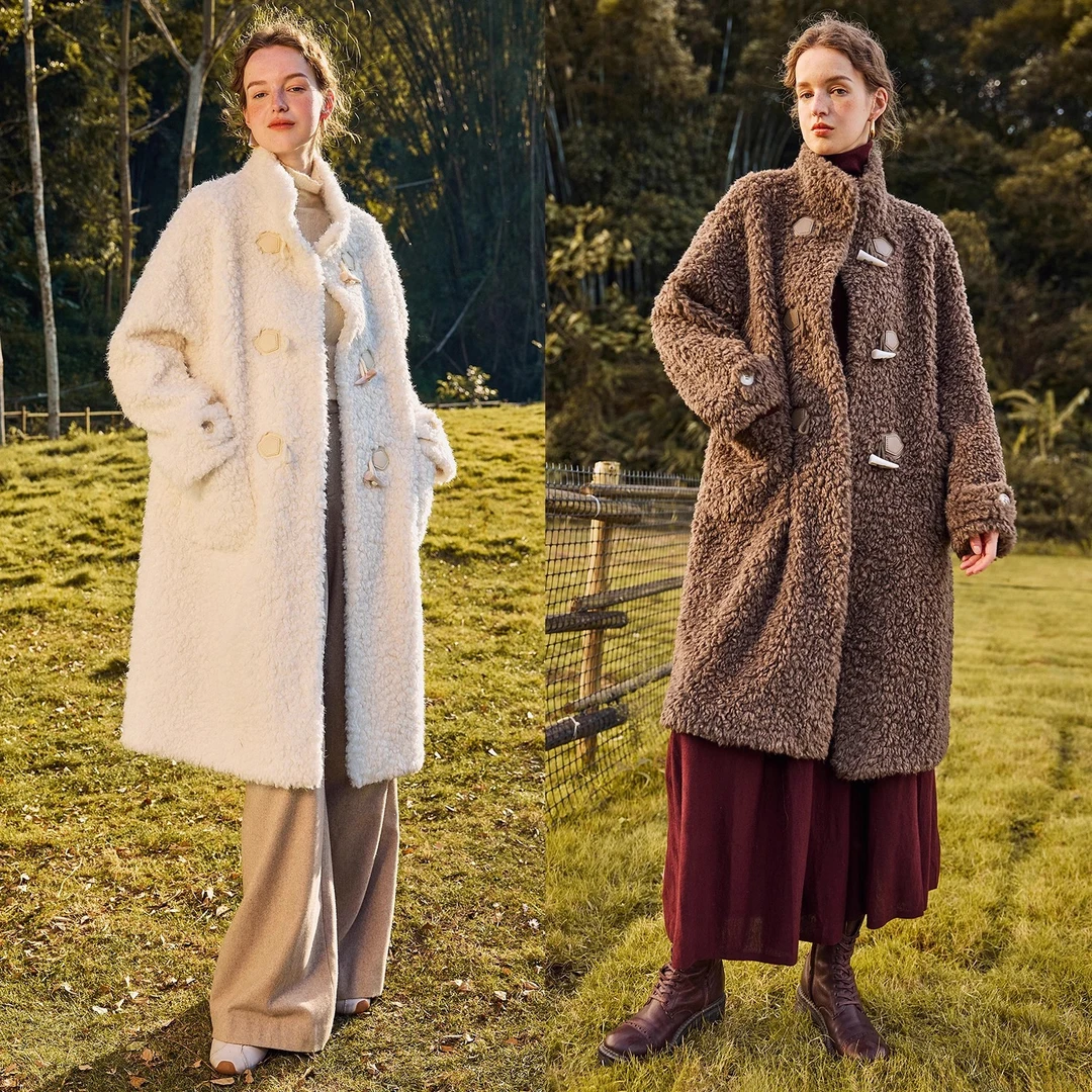 卡米兰牛角扣大衣女2024冬季新款宽松中长款洋气时髦保暖毛毛外套