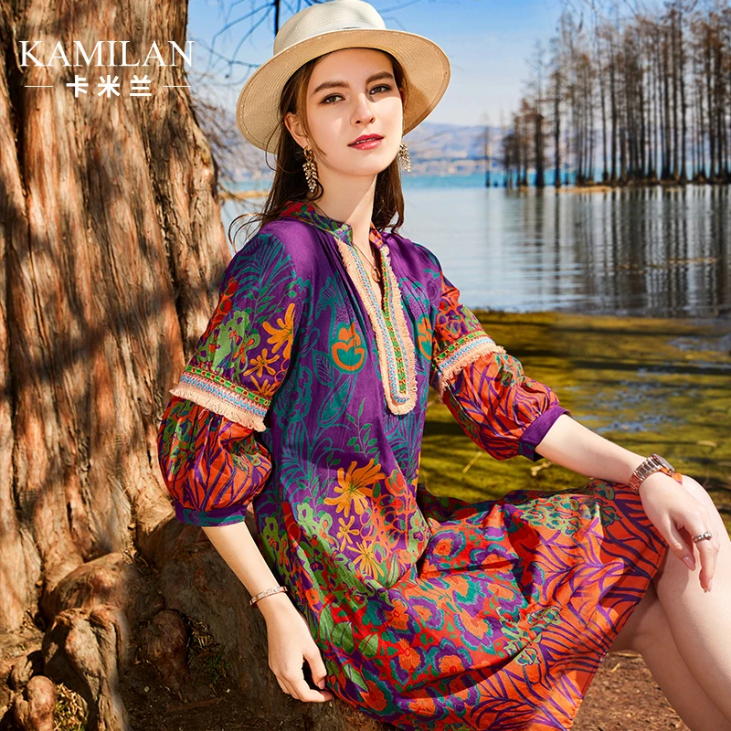 卡米兰气质小立领复古印花连衣裙女2024夏季新款宽松七分袖中长裙