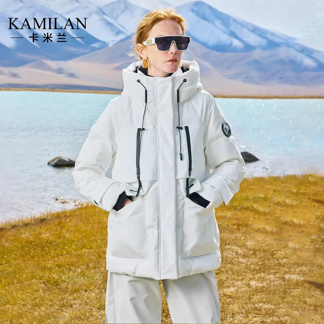 卡米兰户外工装羽绒服女2024冬季新款白鸭绒羽绒外套连帽登山服