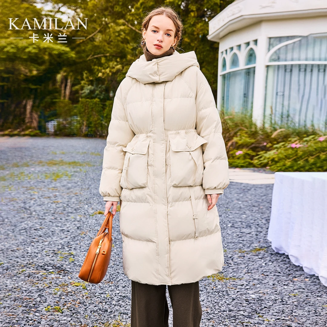 卡米兰白鸭绒羽绒服女2024冬季新款时尚中长款保暖羽绒外套连帽